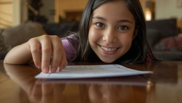 Smiling preteen girl leaning over polished table touching worksheet in cozy living room
