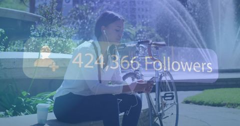 Woman sitting outdoors with digital followers concept overlay