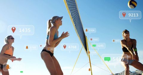Diverse Female Volleyball Players Interacting with Social Media Icons