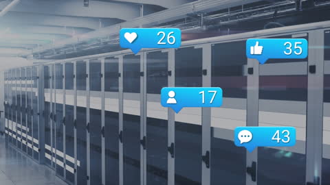Digital Social Media Icons Hovering Over Modern Server Room