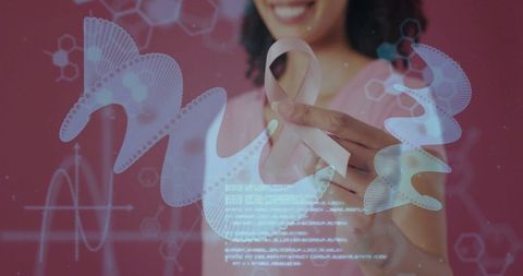 Smiling Woman Holding Cancer Awareness Ribbon with Biotech Elements