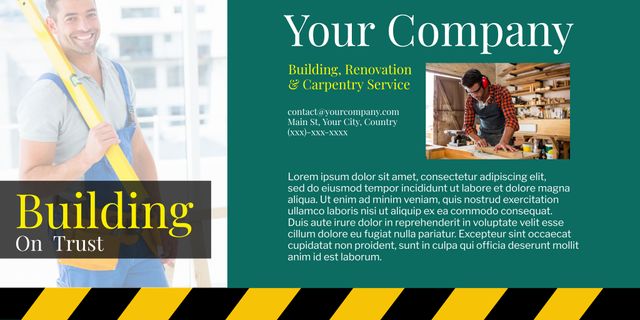 This template is perfect for construction companies and carpenter training services to advertise their skills and services. Featuring a smiling carpenter to convey trust, this marketing flyer includes contact details and space for company specific text. Useful for promotional events, advertising campaigns, and company newsletters.