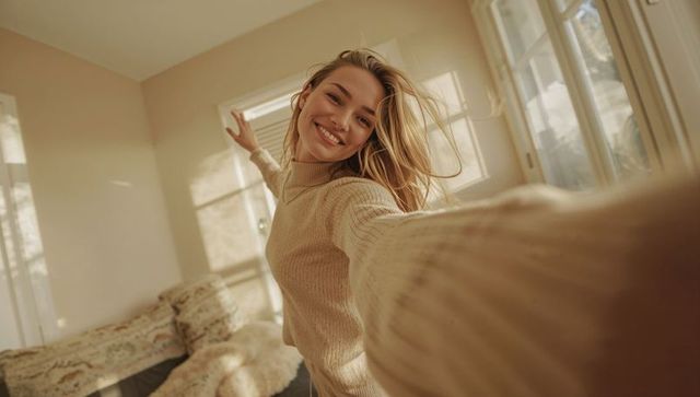 Sunlit smiling woman taking selfie in cozy beige sweater warm home interior