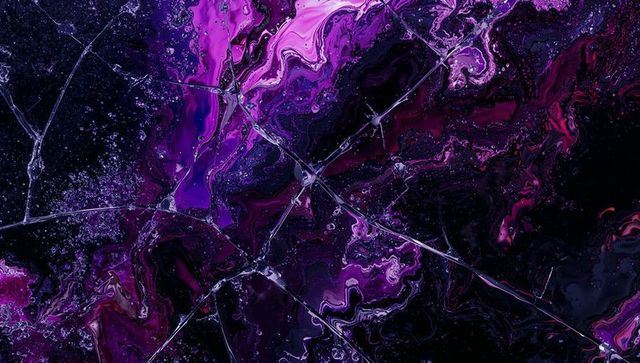 Flowing amethyst marble with shattered veins and iridescent purple swirls