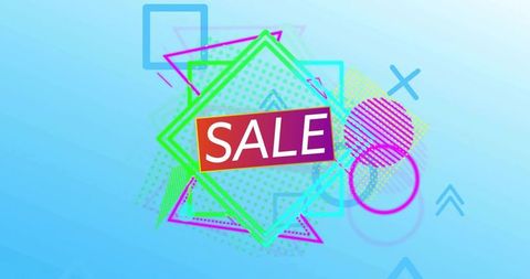 Neon geometric sale banner featuring glowing diamond, colorful shapes and retro halftone