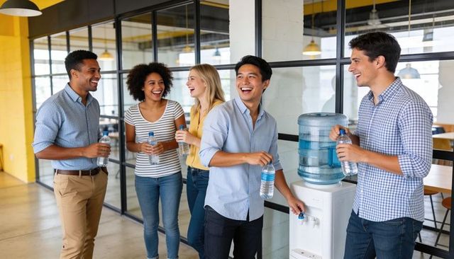 Smiling diverse coworkers chatting and laughing at office water cooler during casual break