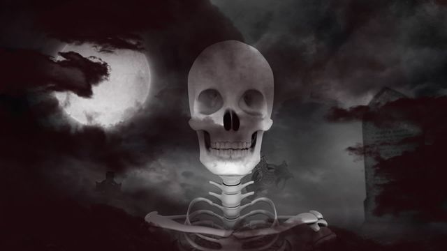 Dark graveyard scene with a spooky skeleton and full moon, creating an eerie and creepy atmosphere. Perfect for Halloween themes, horror promotions, and spooky advertisements.