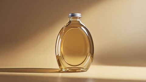 Elegant oval corn syrup bottle on beige reflective surface