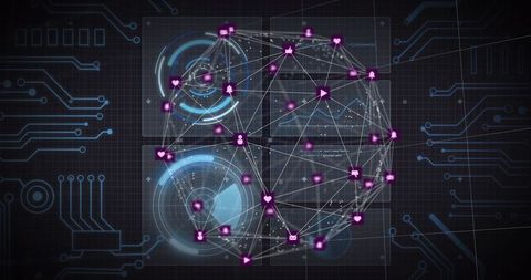 Futuristic global network visualization with glowing purple nodes, hud overlays and circuit grid