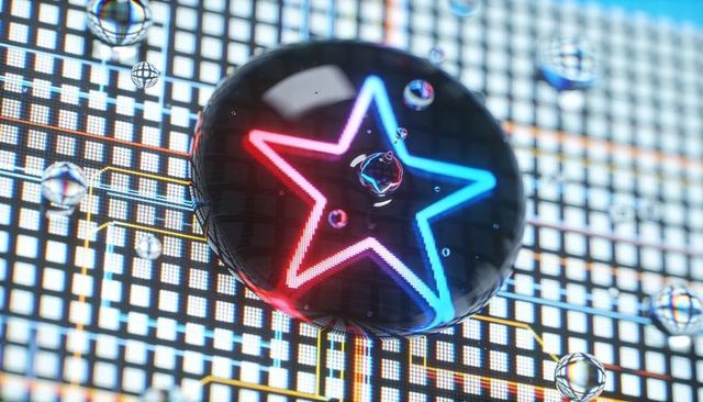 Macro droplet refracting neon red and blue star on led pixel grid with gold circuit traces