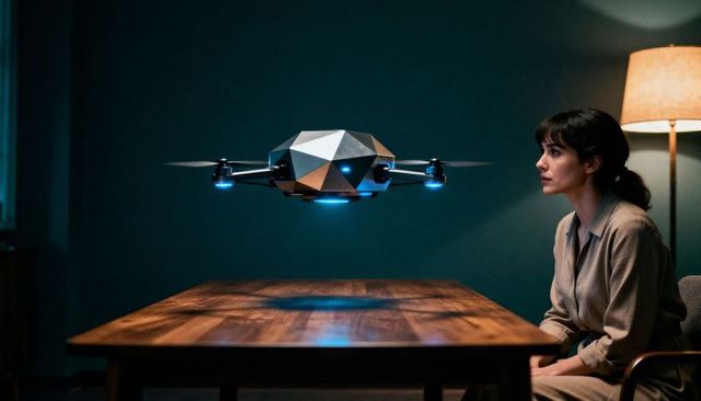 Faceted quadrotor drone hovering over wooden table while woman watching with concern
