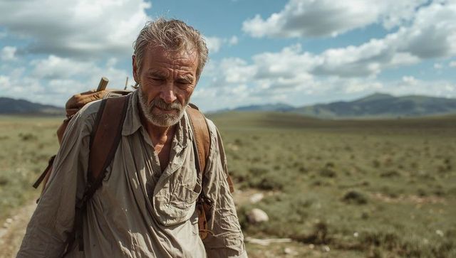Senior hiker trekking across wide grassland carrying worn leather backpack under cloudy sky