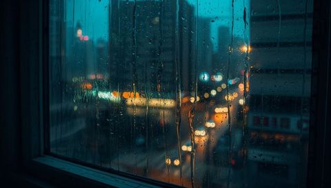 Raindrops on window blurring moody neon city lights at night with wet street reflections