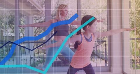 Mother and Daughter Yoga Practice with Financial Growth Chart Overlay