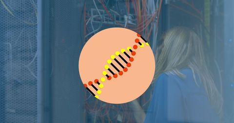 Female Technician Analyzing Server with Digital DNA Overlay