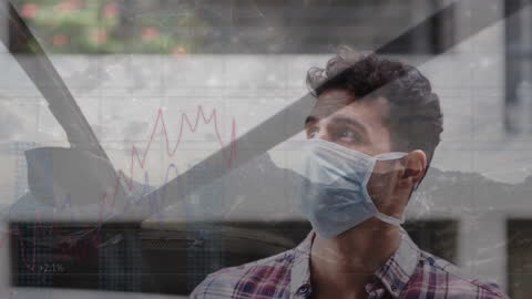 Data Analysis Animation Overlaying Man with Face Mask by Airplane Cockpit