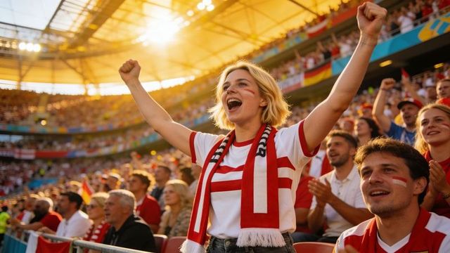 Young woman cheering with arms raised wearing red white scarf in stadium sunlight