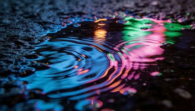 Neon reflections rippling across rain puddle with colorful bokeh and water droplets