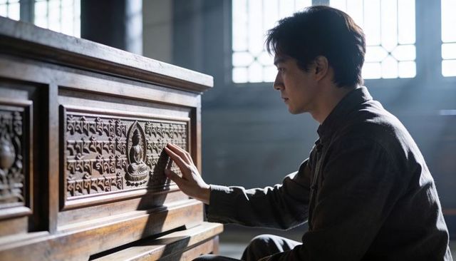 Contemplative asian man tracing carved buddhist panel in sunlit temple sanctuary