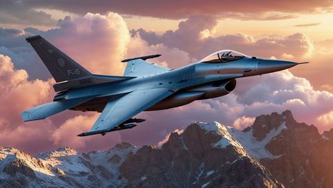 F-16 fighter jet over snowy peaks at sunset