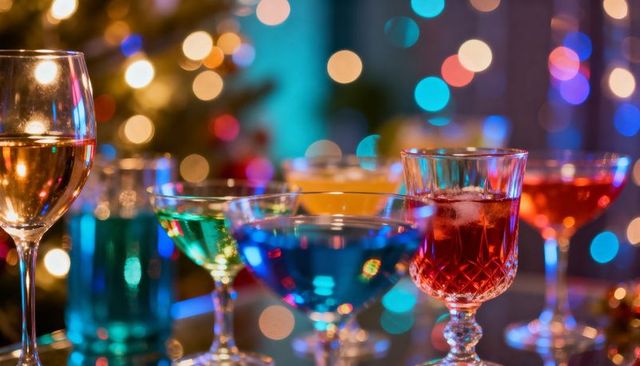 Shimmering colorful cocktails on reflective table with festive bokeh lights