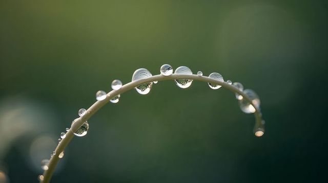 Dewdrops Clinging to Curved Grass Blade with Soft Green Bokeh and Reflected Details