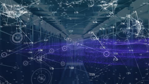 Animation of Digital Network Overlaid on Modern Server Room