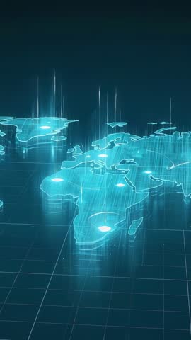 Holographic World Map Pulsing with Vertical Data Beams, Futuristic Data Visualization