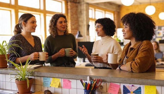 Four female coworkers chatting over coffee at sunlit office break counter with sticky notes