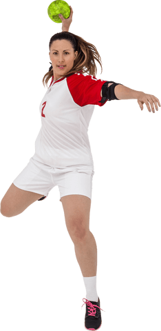 Dynamic sportswoman throwing ball on transparent background