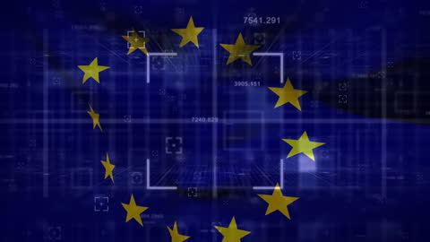 Financial Data Flow and EU Flag Blending in Abstract Display