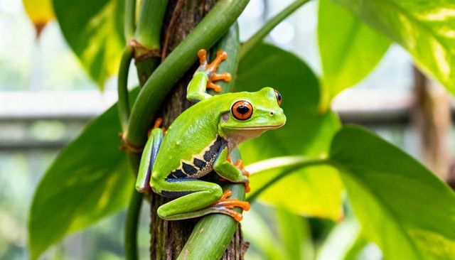 Red-eyed tree frog clinging to vine in tropical greenhouse closeup