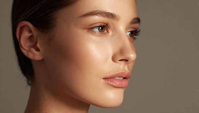 Young woman showing glowing skin in profile with slicked-back hair and natural makeup