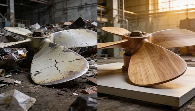 Contrasting corroded metal propeller and polished wooden propeller in industrial workshop