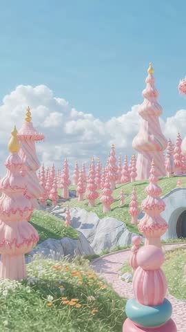 Panning vertical video exploring whimsical pink candy towers on flowered hills with cave