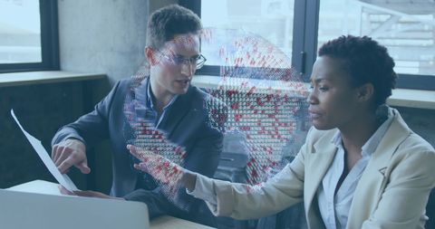 Business Meeting with Global Data Interface in Modern Office