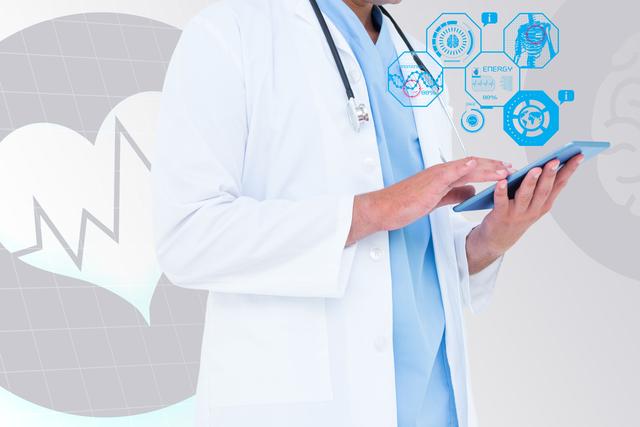 Doctor wearing white lab coat standing and using tablet. Overlay showing medical graphics and data, representing modern medical technology and innovation in healthcare. Ideal for medical technology, healthcare innovation, telemedicine, and digital health services.