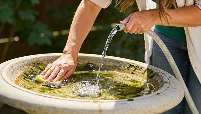 Cleaning Mossy Stone Birdbath with Hose and Sponge in Sunlit Backyard