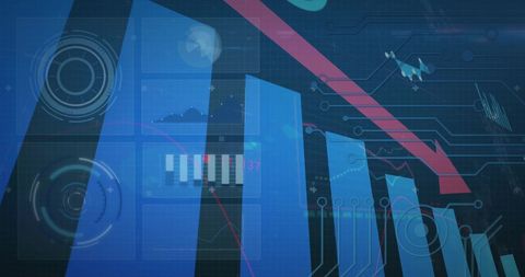 Digital data analytics with declining chart arrow