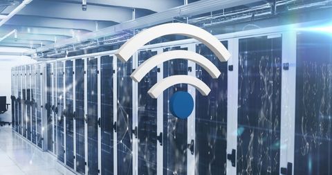 Wi-Fi Icon Tablet Visuals Over Modern Data Center Servers