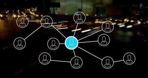 Central hub connecting user network over urban night traffic light trails for digital connectivity