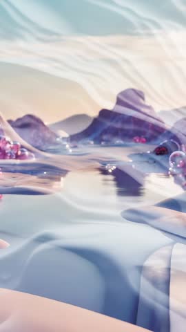 Dreamscape River Revealing Crystals and Bubbles in Surreal Vertical Fluid Motion with Metallic Sheen