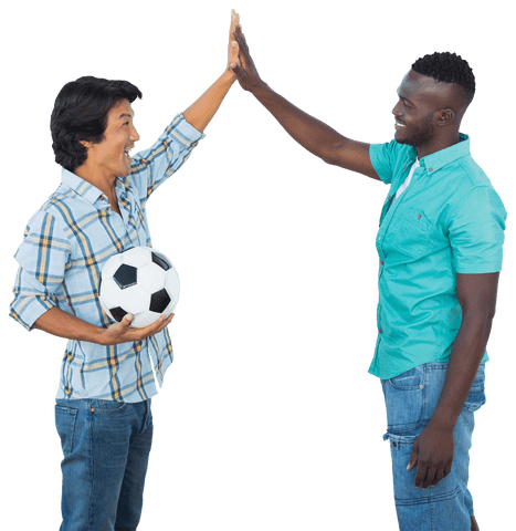 Friends high-fiving with soccer ball isolated on transparent background