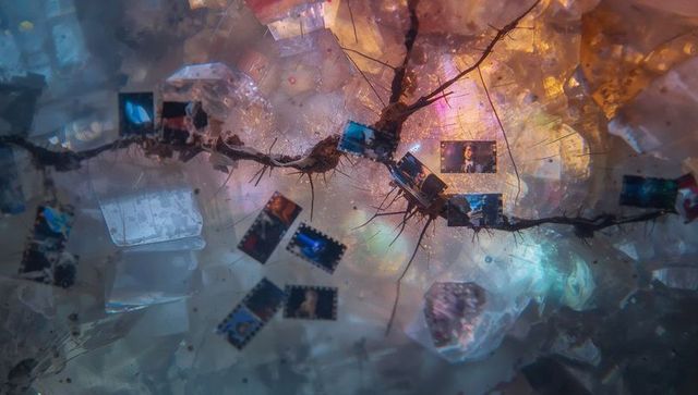 Growing root vein carrying miniature film frames through iridescent crystal prism