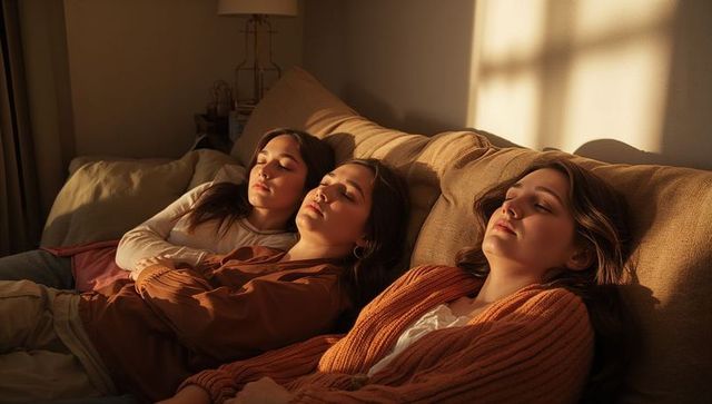 Three women relaxing on sofa basking in warm golden sunlight wearing cozy sweaters