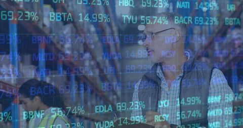 Warehouse operations with financial data overlay representing global logistics