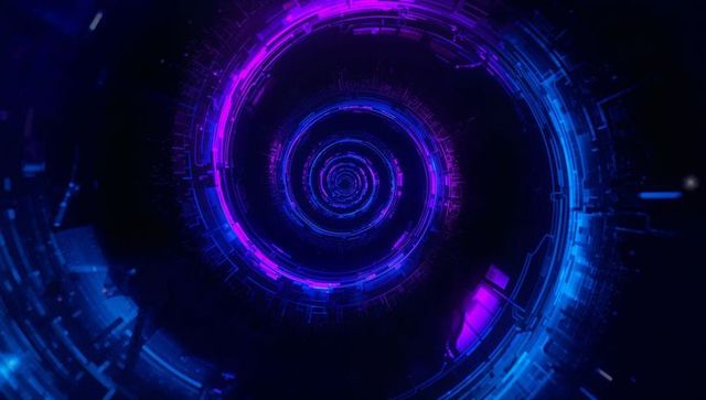 Futuristic Neon Circular Data Tunnel with Glowing Circuits