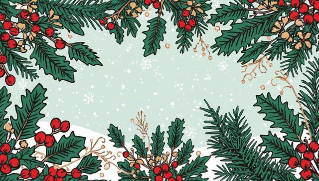 Hand-drawn holly and pine holiday border framing mint green snowy greeting card design