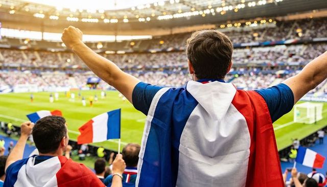 French football fans cheering in stadium wearing tricolor capes and waving flags
