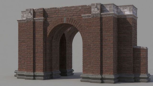 Red brick archway showcasing stone cornice and plinth, classical masonry element